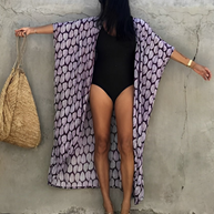 WW Retro Kimono | Langer, gemusterter Strandkimono mit Gürtel für Damen