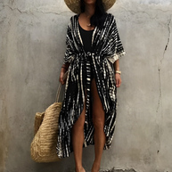 WW Retro Kimono | Langer, gemusterter Strandkimono mit Gürtel für Damen