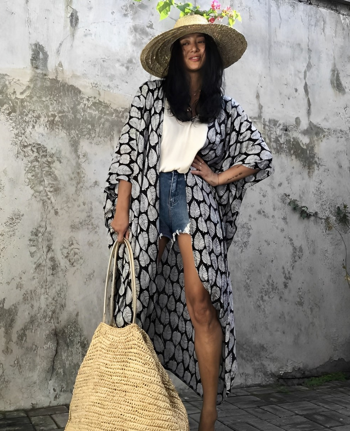 W&W Mode Retro Kimono | Langer, gemusterter Strandkimono mit Gürtel für Damen