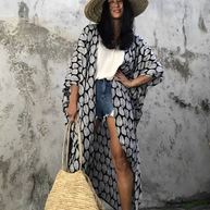 WW Retro Kimono | Langer, gemusterter Strandkimono mit Gürtel für Damen