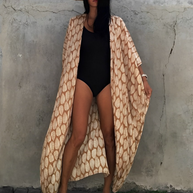 WW Retro Kimono | Langer, gemusterter Strandkimono mit Gürtel für Damen