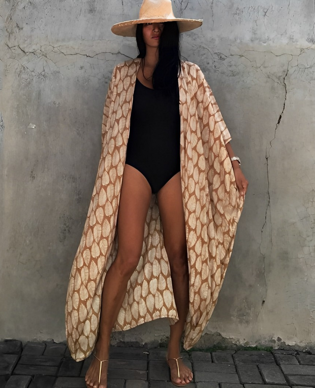 WW Retro Kimono | Langer, gemusterter Strandkimono mit Gürtel für Damen