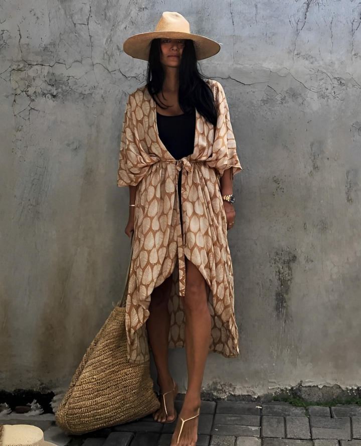 W&W Mode Retro Kimono | Langer, gemusterter Strandkimono mit Gürtel für Damen