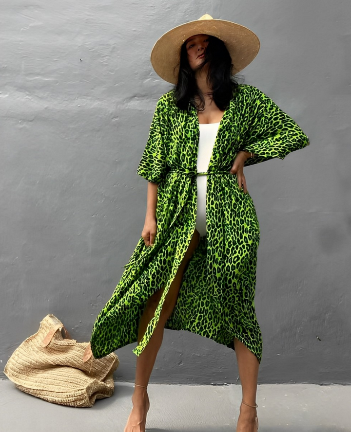 W&W Mode Retro Kimono | Langer, gemusterter Strandkimono mit Gürtel für Damen
