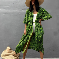 WW Retro Kimono | Langer, gemusterter Strandkimono mit Gürtel für Damen