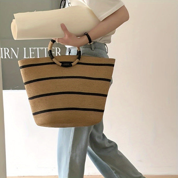 WW | Gestreiftes Woven Tote Bag Für Damen Leicht Und Geräumig