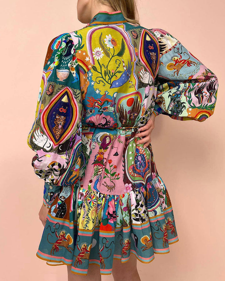 W&W Mode | Kleid Laternenärmel Knopfleiste Langärmeliges Kleid Minikleid