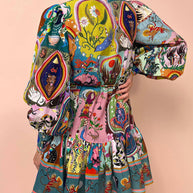 WW | Kleid Laternenärmel Knopfleiste Langärmeliges Kleid Minikleid