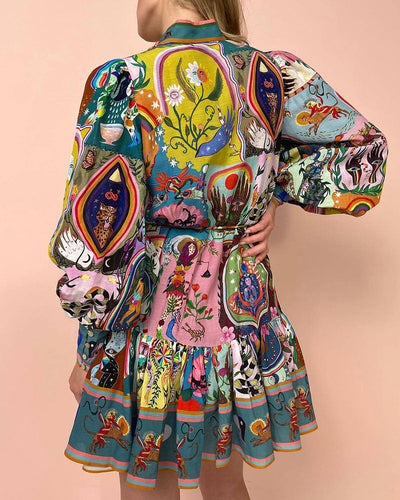 WW | Kleid Laternenärmel Knopfleiste Langärmeliges Kleid Minikleid