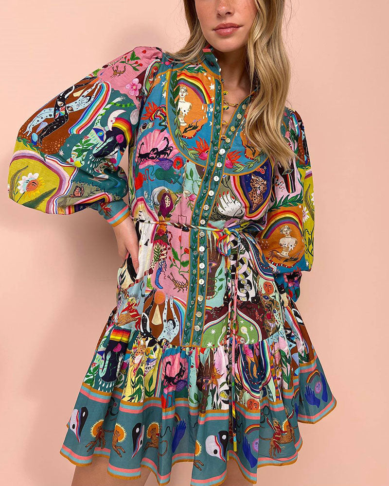 WW | Kleid Laternenärmel Knopfleiste Langärmeliges Kleid Minikleid