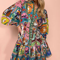 WW | Kleid Laternenärmel Knopfleiste Langärmeliges Kleid Minikleid
