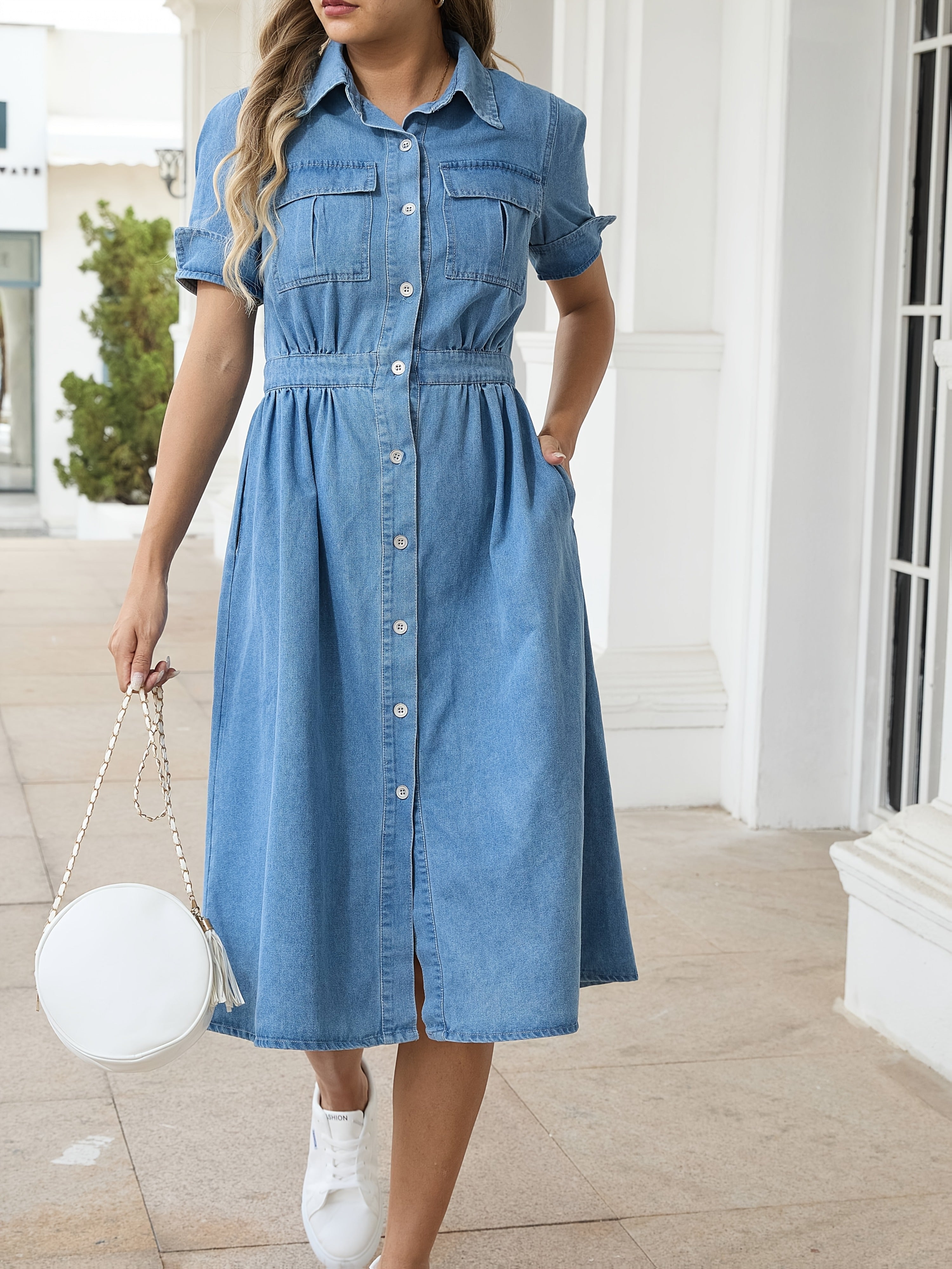 WW | Stylische Denim Midi Kleid Mit Knopfverschluss