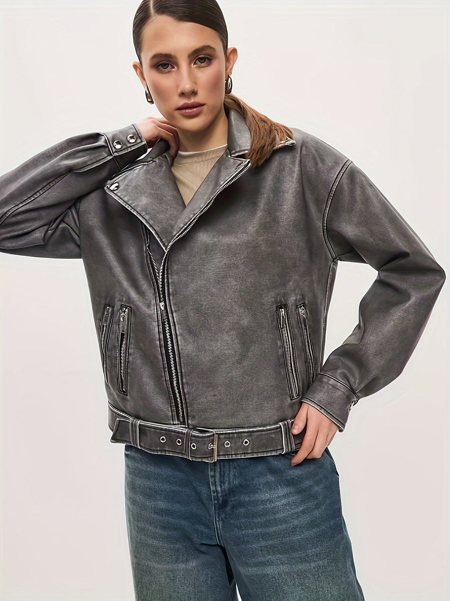 WW | Damen Oversize Lederjacke mit Gürtel