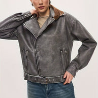 WW | Damen Oversize Lederjacke mit Gürtel