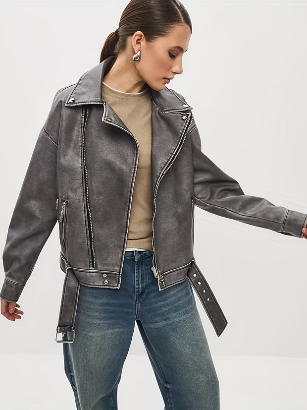 WW | Damen Oversize Lederjacke mit Gürtel