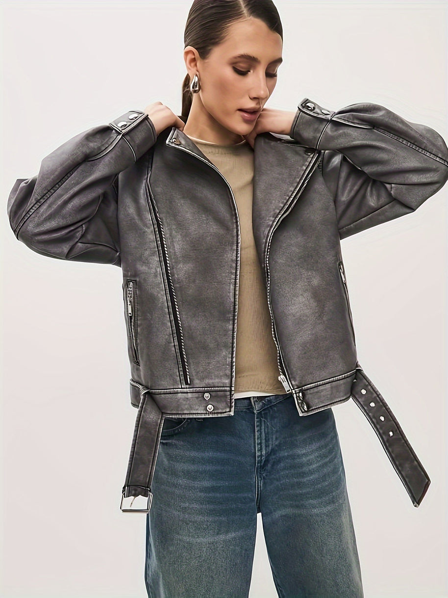 WW | Damen Oversize Lederjacke mit Gürtel