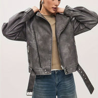 WW | Damen Oversize Lederjacke mit Gürtel