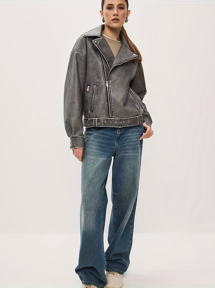 WW | Damen Oversize Lederjacke mit Gürtel