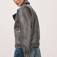 WW | Damen Oversize Lederjacke mit Gürtel