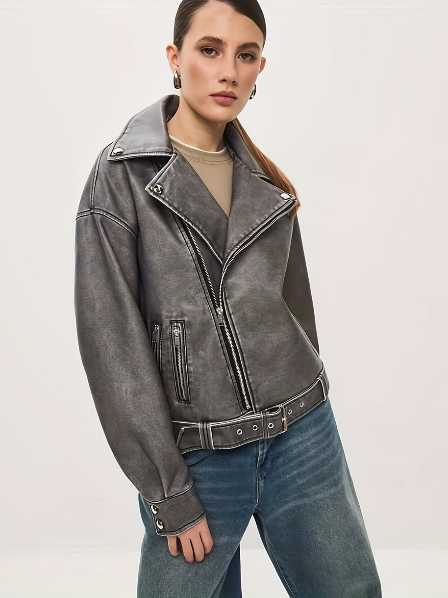 WW | Damen Oversize Lederjacke mit Gürtel