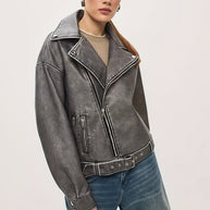WW | Damen Oversize Lederjacke mit Gürtel