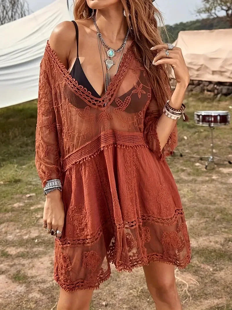 WW | Cover Up Lace Durchschauen Cover Up Kleid Boho-Stil