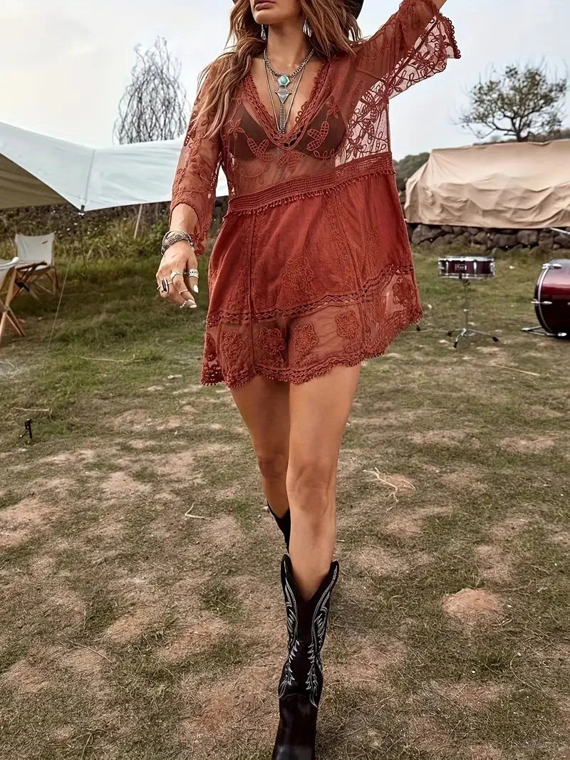 WW | Cover Up Lace Durchschauen Cover Up Kleid Boho-Stil