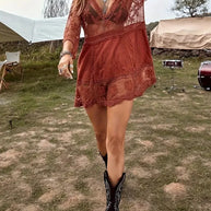 WW | Cover Up Lace Durchschauen Cover Up Kleid Boho-Stil