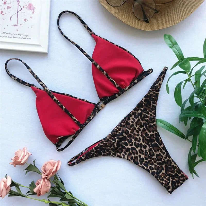 W&W Mode | Set Leopardenmuster Spagetti-Träger Triangel Bademode