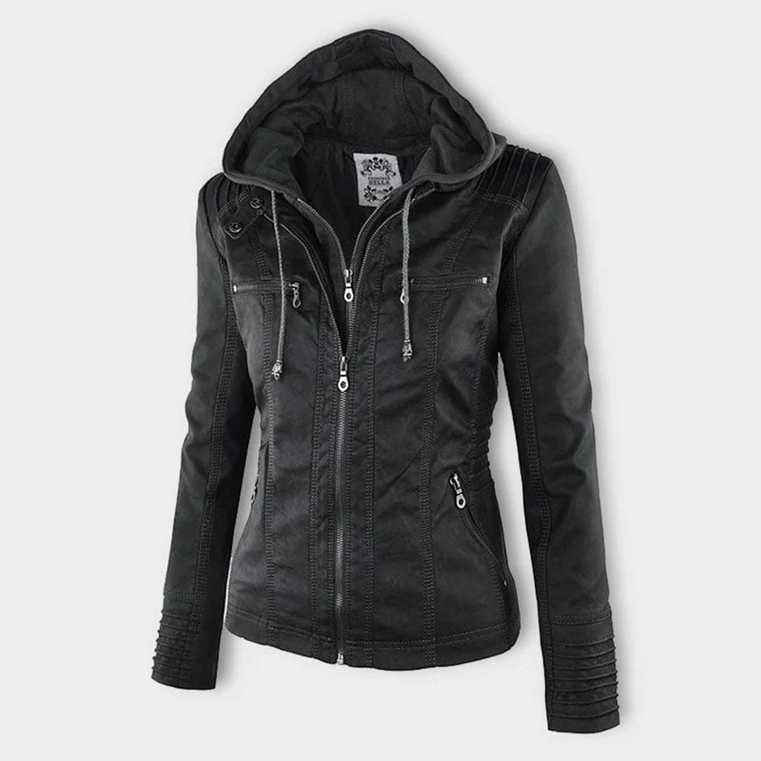 WW - Damen lässige Lederjacke mit Kapuze