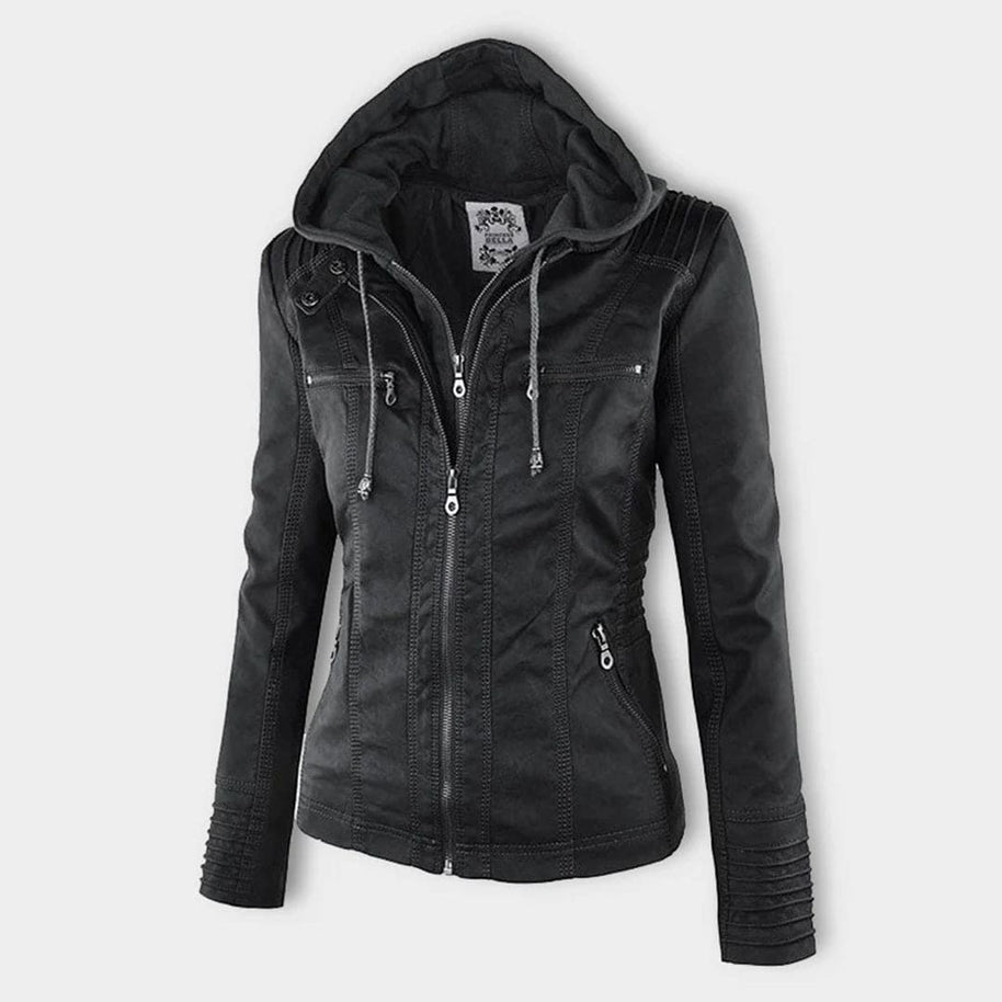 WW - Damen lässige Lederjacke mit Kapuze