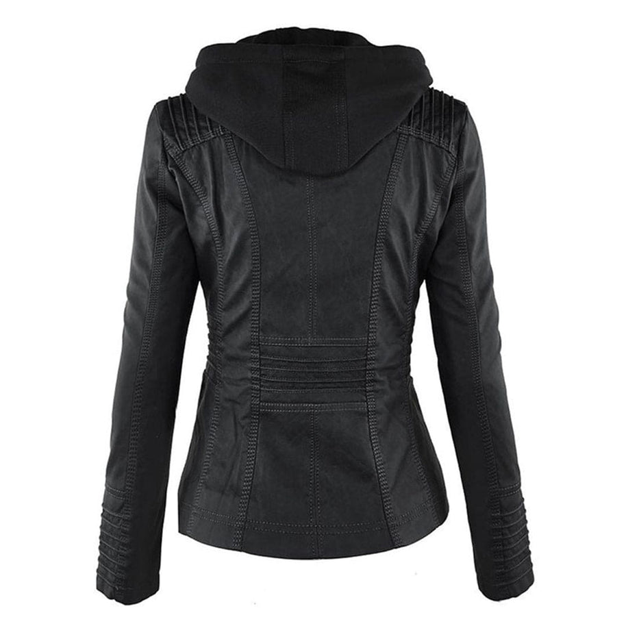 WW - Damen lässige Lederjacke mit Kapuze