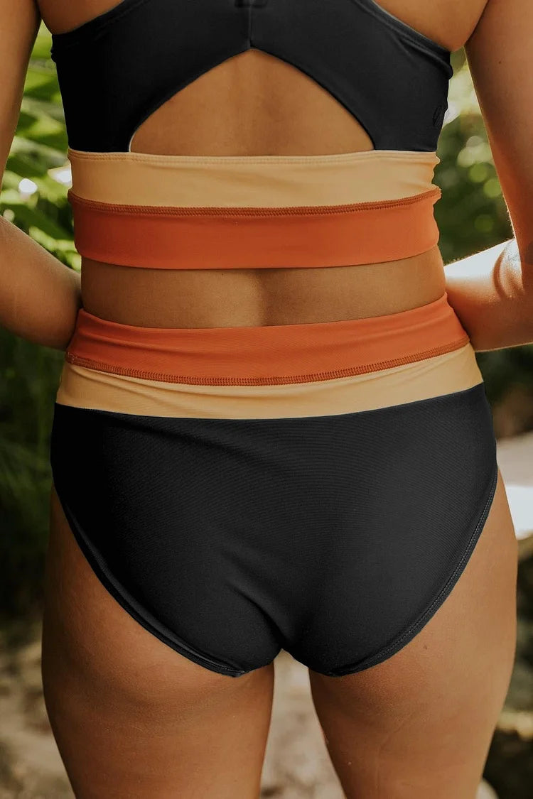 WW | High Waist Colorblock Marine Cut Back Crop Bikini Set