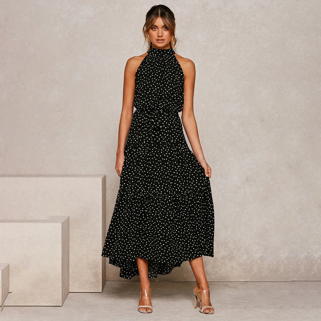 WW | Halsband Kleid Pünktchen Ärmellos Geschichteter Fließender Rock Elegante Passform