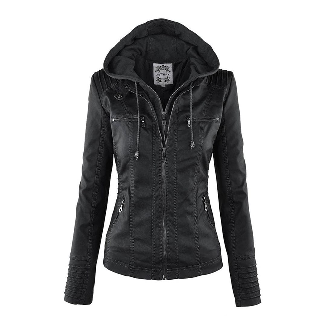 WW - Damen lässige Lederjacke mit Kapuze