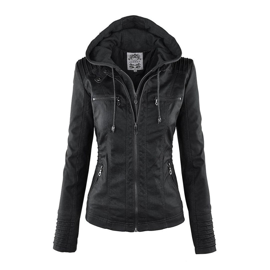 WW - Damen lässige Lederjacke mit Kapuze