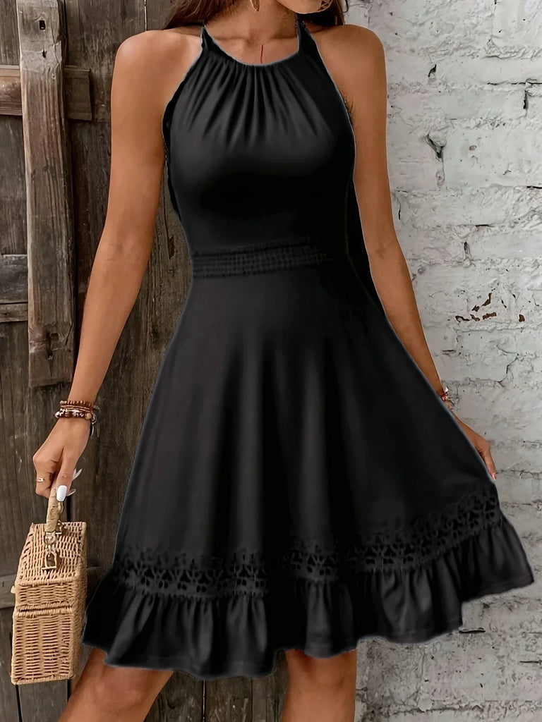 WW | Elegante Damenkleid Ohne Ärmel, mit Spitze, Schleife, Volants und Luftig für Sommer und Urlaub