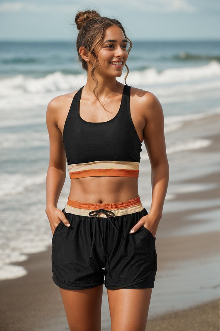 WW | Schwarzes Colorblock Reißverschluss Rücken Sport Bikini-Oberteil mit Boyshort-Set
