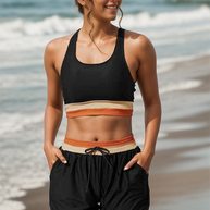WW | Schwarzes Colorblock Reißverschluss Rücken Sport Bikini-Oberteil mit Boyshort-Set