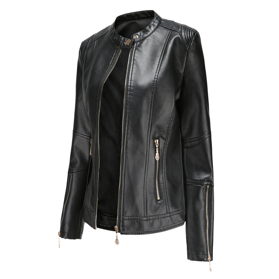 WW | Elegante Lederjacke mit Rundkragen und Knopfverschluss für Damen
