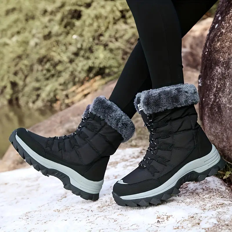 WW | Winterstiefel für Damen - warme, rutschfeste schwarze Schneestiefel