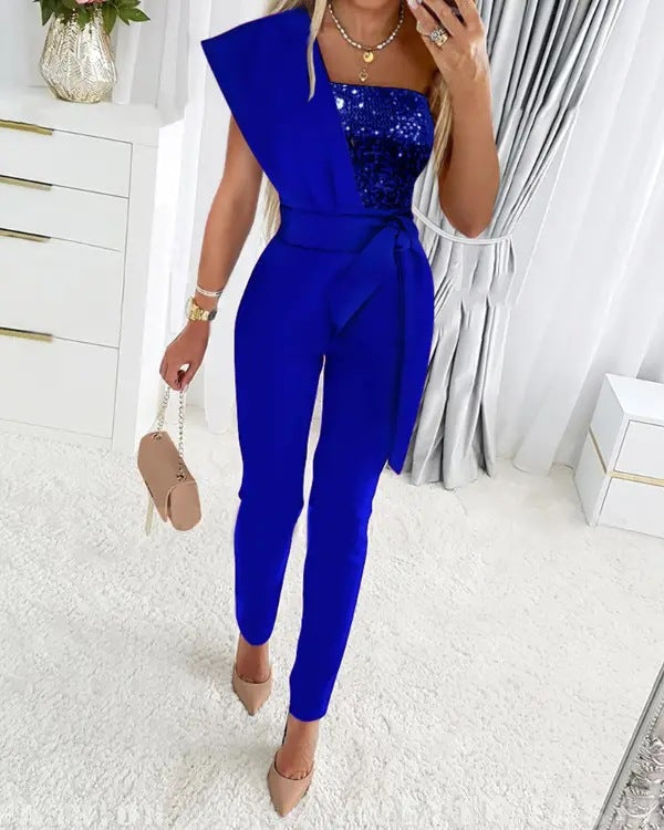 W&W Mode | One Shoulder Jumpsuit Mit Pailletten Und Taillenband