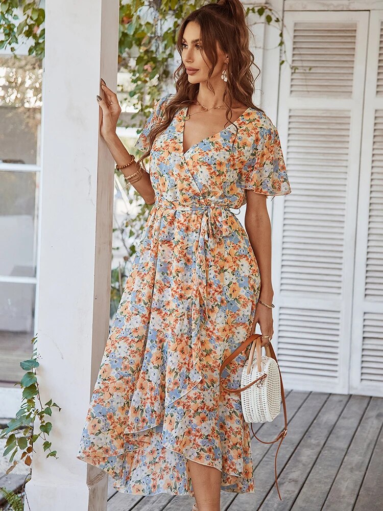 W&W Mode | Boho Stil Kurzarm Sommerkleid Midi Kleid