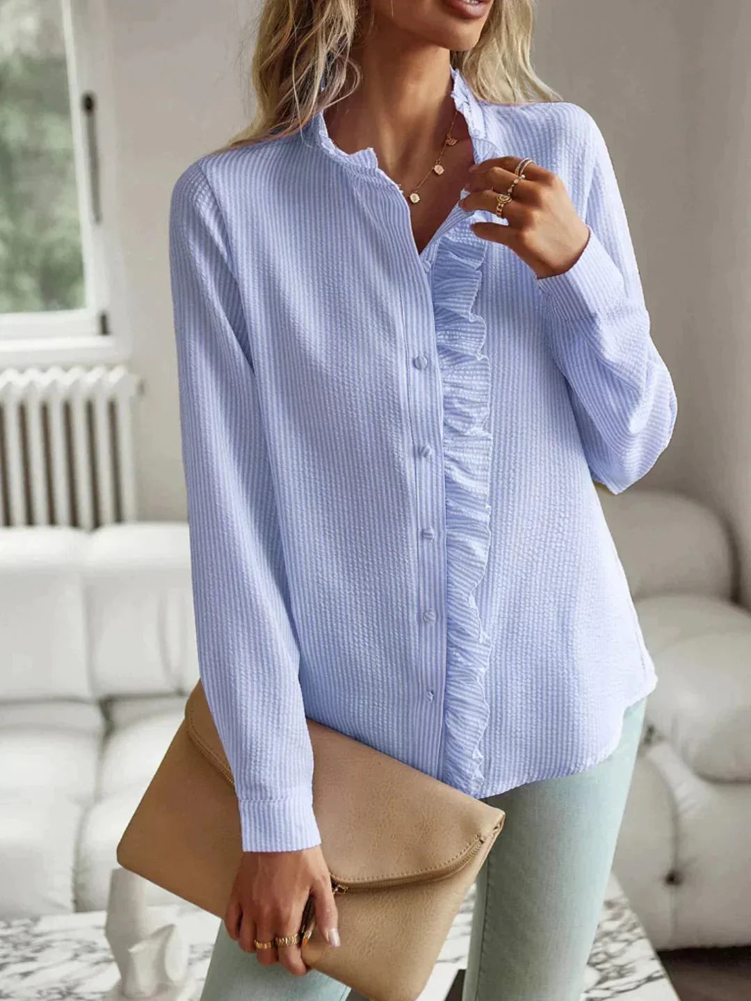W&W Mode | Rüschen Lange Ärmel Gestreift Button up Damen Button up Hemden