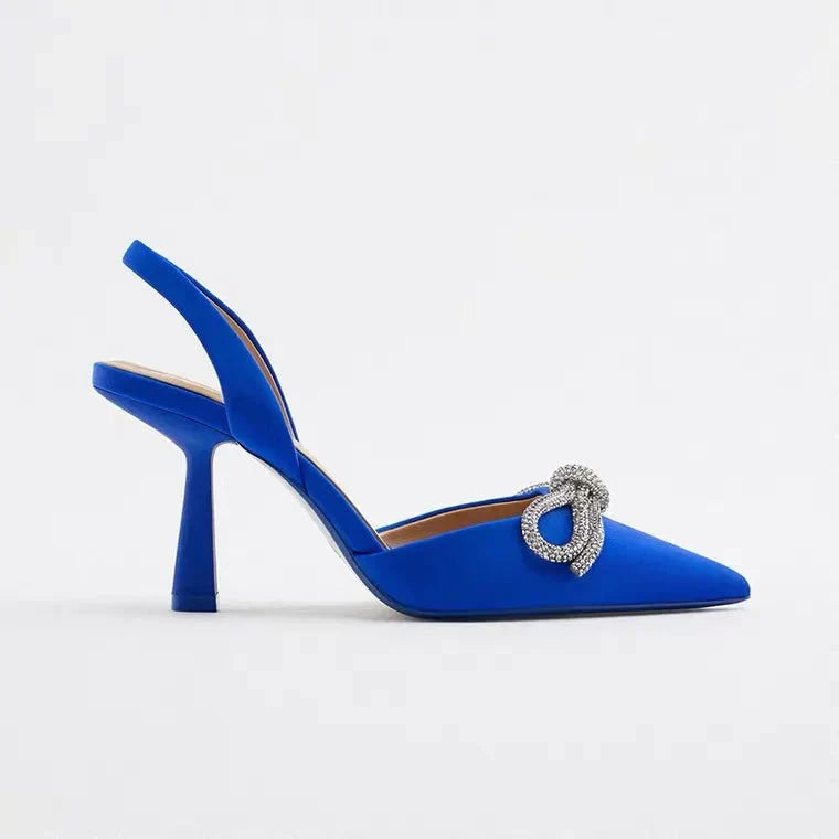 WW | Blaue Damen Muellerschuhe Baotou Schleife Spitz High Heels Sommermode Hundert Sexy Damen Sandalen Schuhe Sandalen Hohe Absätze