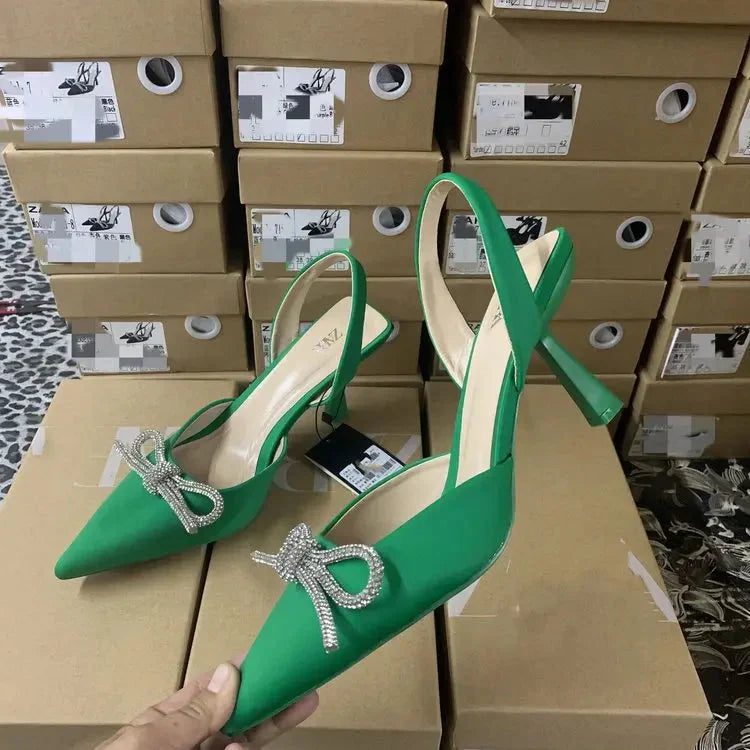 WW | Blaue Damen Muellerschuhe Baotou Schleife Spitz High Heels Sommermode Hundert Sexy Damen Sandalen Schuhe Sandalen Hohe Absätze