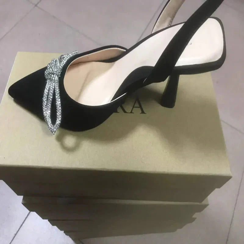 WW | Blaue Damen Muellerschuhe Baotou Schleife Spitz High Heels Sommermode Hundert Sexy Damen Sandalen Schuhe Sandalen Hohe Absätze