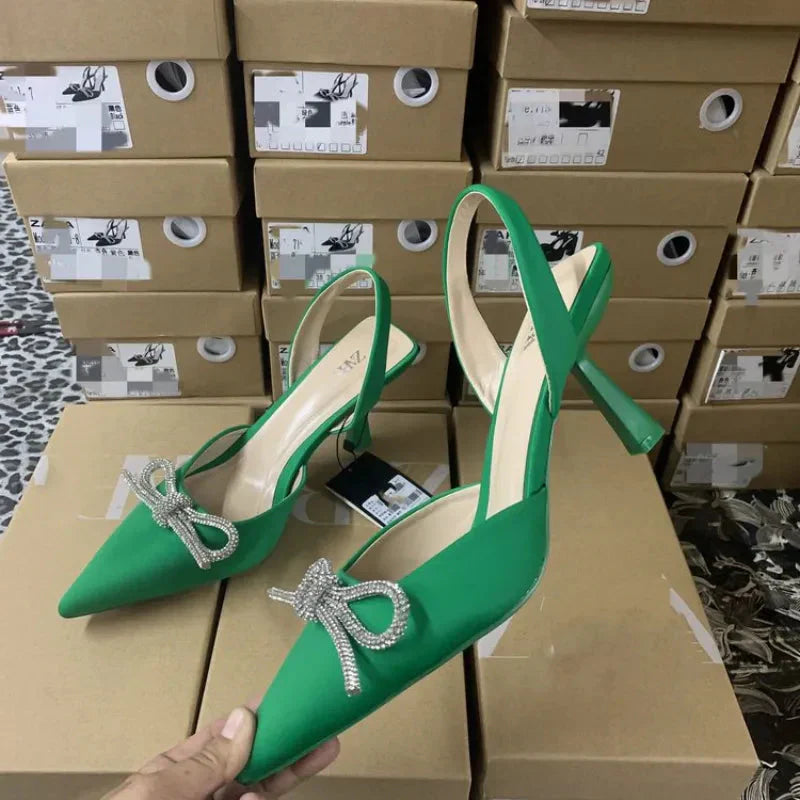 WW | Blaue Damen Muellerschuhe Baotou Schleife Spitz High Heels Sommermode Hundert Sexy Damen Sandalen Schuhe Sandalen Hohe Absätze