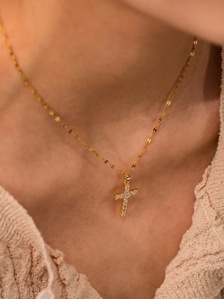 W&W Mode | Goldene Zirkonia Kreuz Halskette Mit Anhänger Für Damen