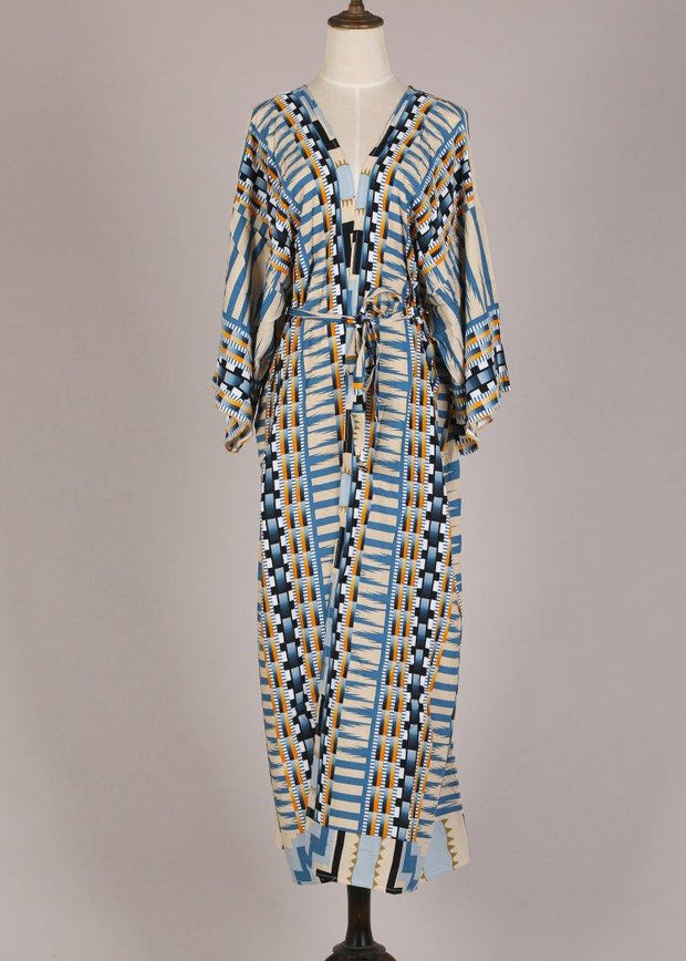 WW | Blauer Geometrischer Druck Kimono Bademantel